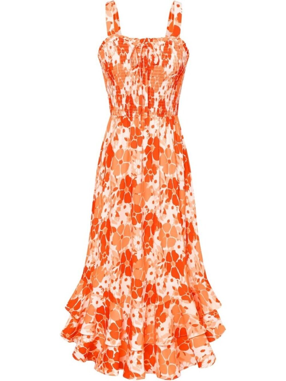 Women's Orange Square Neck Strapped A LINE Floral Boho Long Maxi Dress